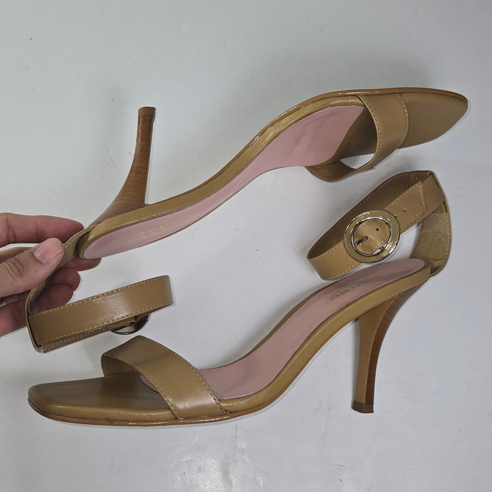 Bruno Valenti Women's Tan Leather Ankle Strap Heels Square Toe Stiletto Size 9M - Picture 9 of 11